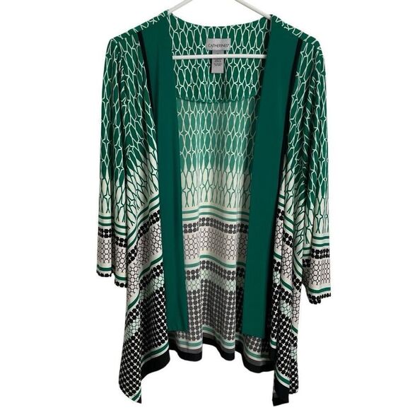 Catherines Womens Retro MCM Print Cardigan 1X Green Stretch Knit Travel Friendly - Picture 1 of 5